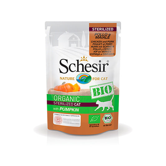 SACHETS SCHESIR CHAT STERILISE POULET PORC ET COURGE 85 G BIO