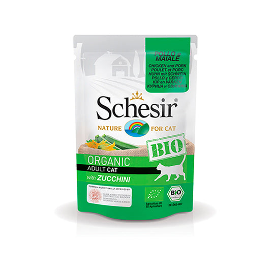 SACHETS SCHESIR CHAT POULET PORC ET COURGETTE 85 G BIO